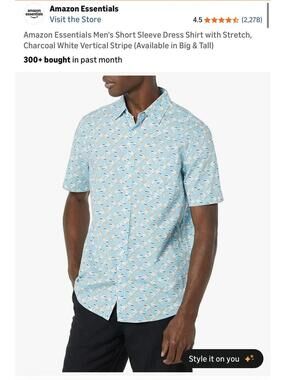 Amazon Essentials Men's Short Sleeve Dress Shirt with Stretch, Light Blue with D